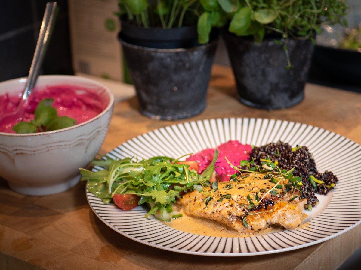 Pestofylld kycklingfilé med rödbetstzatziki och svart&nbsp;Quinoa